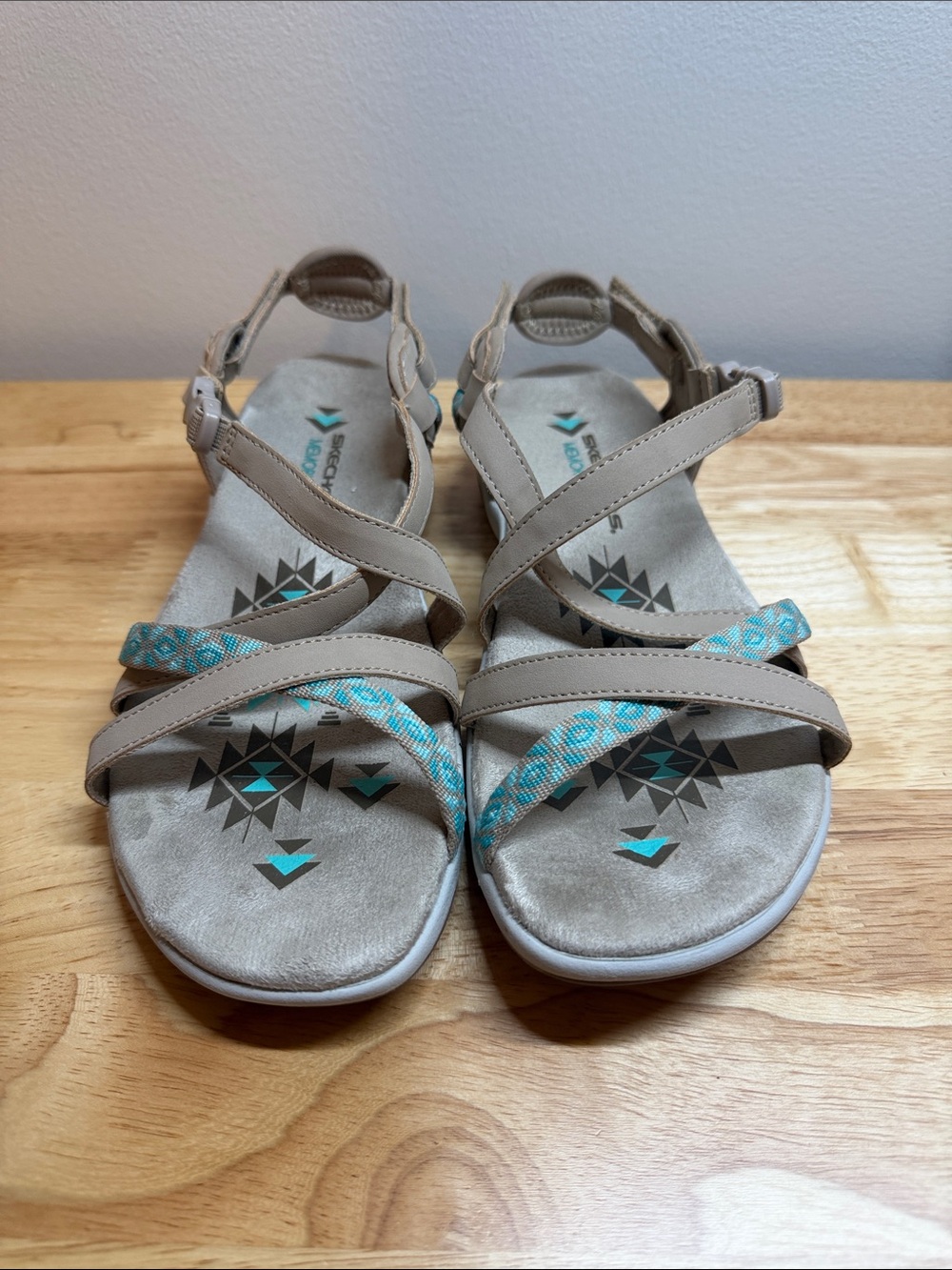Skechers Taupe Strappy Sandals with Teal Pattern